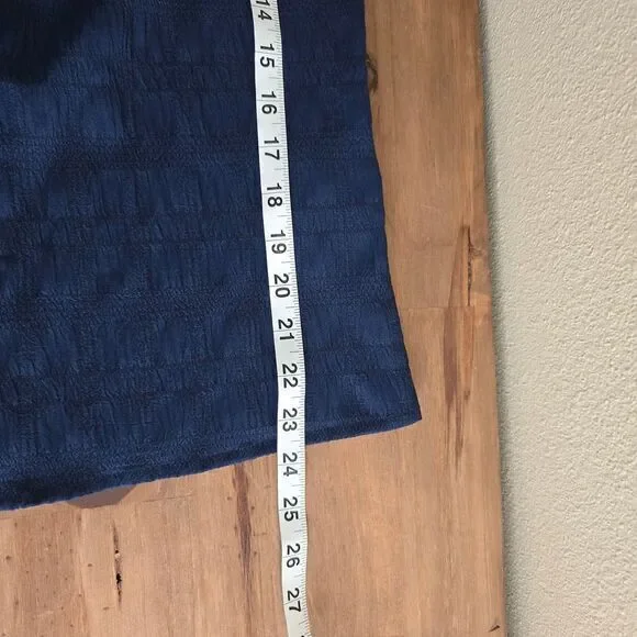 Navy Blue Textured Cotton Peasant Shirt with Ruffle Neckline and Balloon Sleeves - Picture 8 of 9